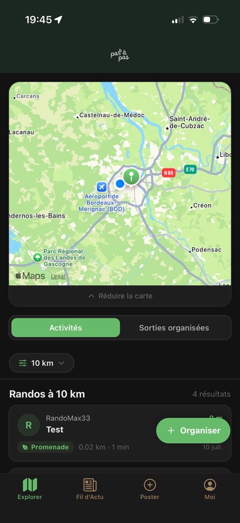 Écran Explorer : carte des randonnées et sorties autour de Bordeaux avec filtres par distance