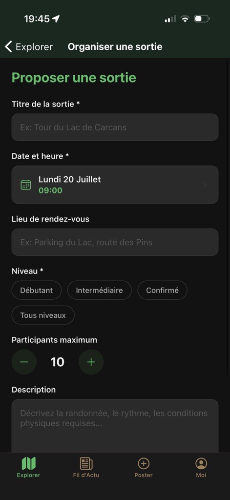 Écran Organiser une sortie : titre, date, lieu de rendez-vous, niveau et nombre de participants