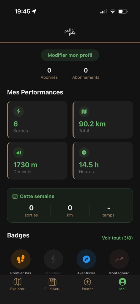 Écran Profil : statistiques de sorties, kilomètres, dénivelé et badges